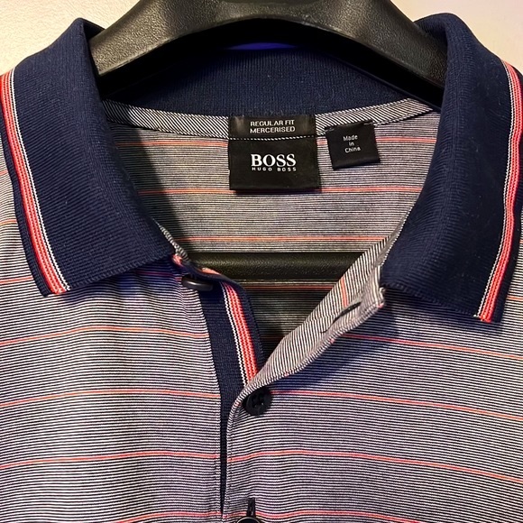 Hugo Boss Mercerized Cotton Polo Shirt; Blue w/ Red Microstripe (Men’s L) - Picture 2 of 6